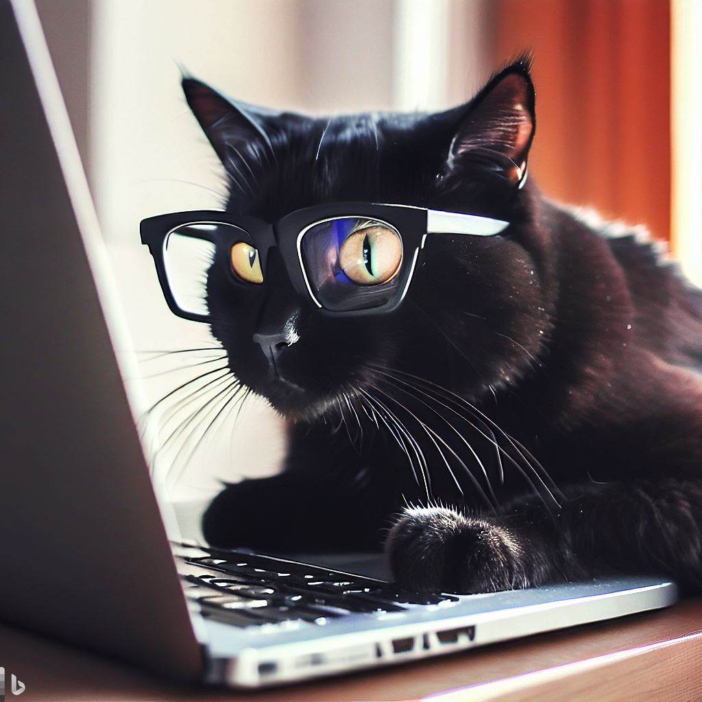 A black cat writing on a computer